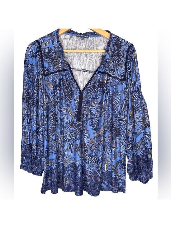 Democracy Tops - Democracy Blue Leaf Print V-Neck Long Sleeve Blouse XXL